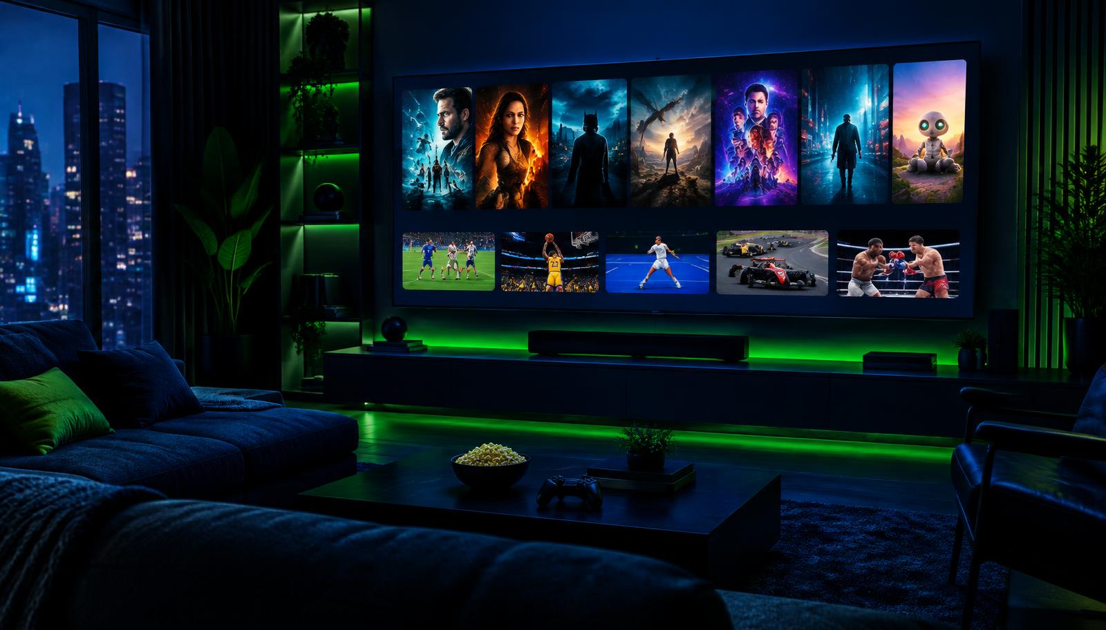 Smart TV com o HDPLAYER exibindo canais, filmes e séries